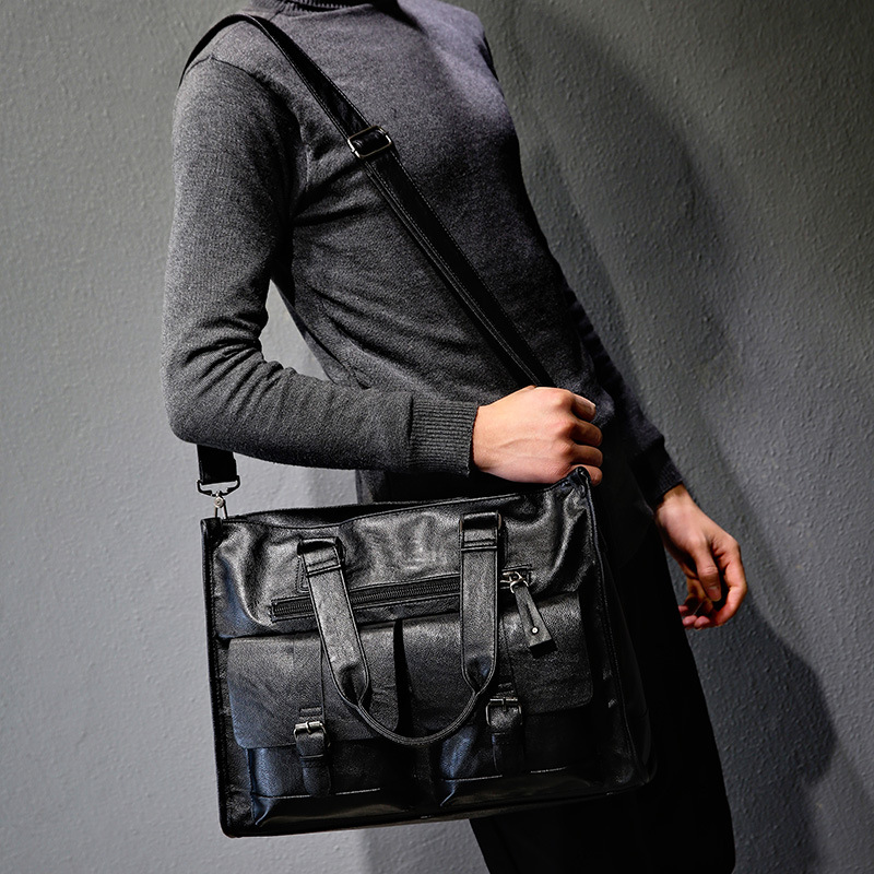Leather Briefcase - PU レザーショルダーブリーフケースヴィンテージバッグトラベルトートハンドバッグラップトップ男性ビジネスメッセンジャークロスボディサイドメンズポータブルバッグ