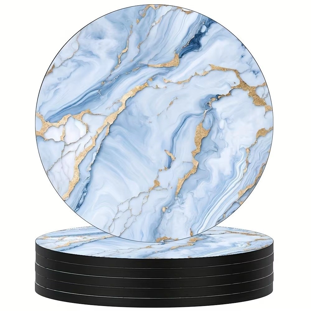Marble Coaster Set - 6個入り 4インチ ドリンクコースターセット 木製 マーブル模様 断熱マット