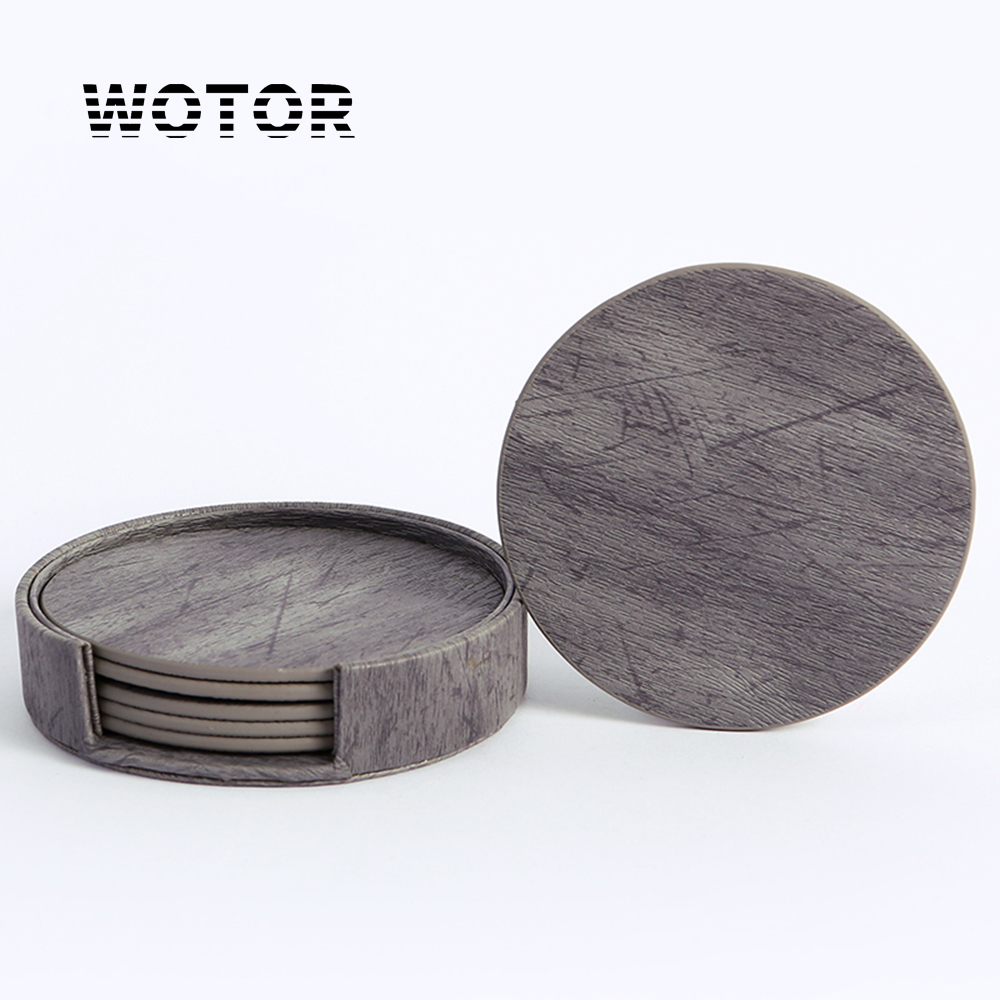 Marble Coaster Set - WOTOR 6 ピース/ロットサークル木目調レザー無縫製糸コースター防水耐熱プレースマット茶コーヒー家の装飾