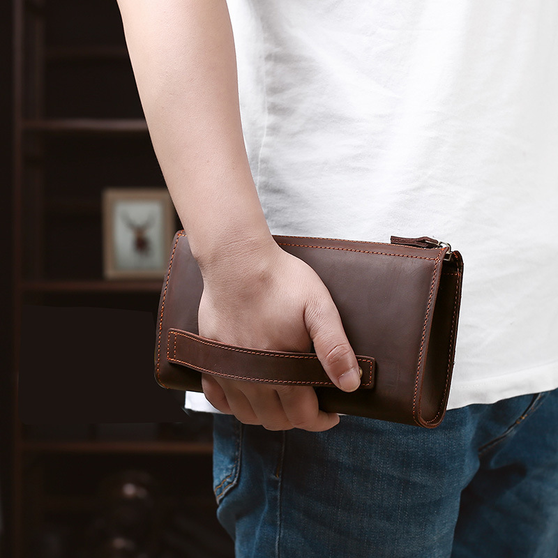 Leather Wallet Men - メンズクラッチロングハンドバッグビジネスヴィンテージ牛革男性用長財布男性と女性用ジッパー財布