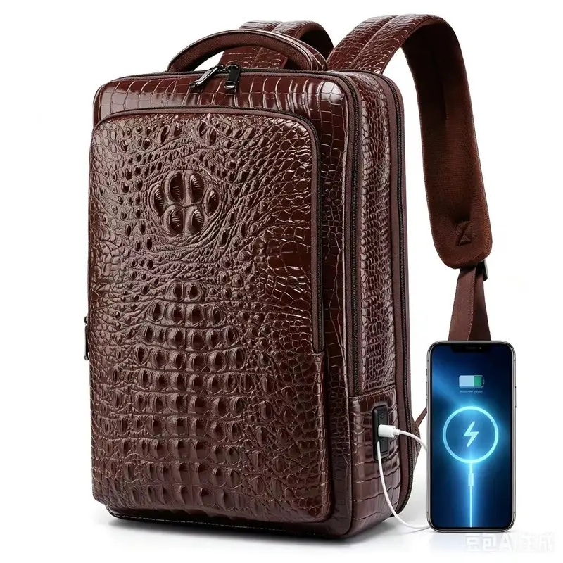 Leather Briefcase - 新しいメンズクロコダイル柄レザーラップトップバックパック、USBポート付き、180度開閉、レトロビジネスバックパック、スクールバッグ
