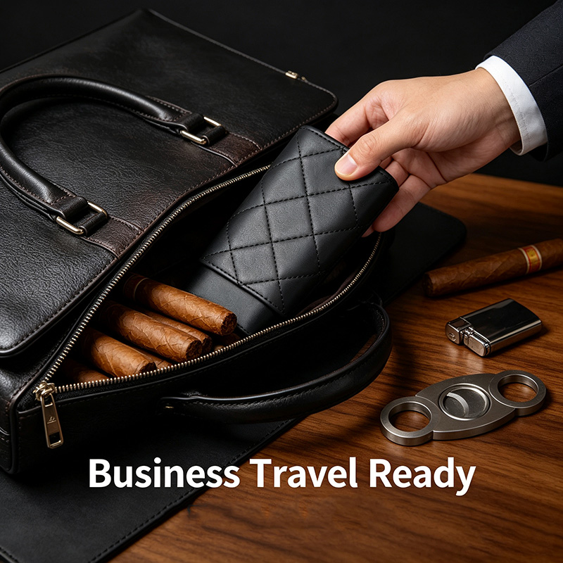 Premium Cigar Case - 大型シガーケース プレミアムPUレザーホルダー 64リング 木製ライニング トラベルヒュミドール 3本用ミニシガーボックス