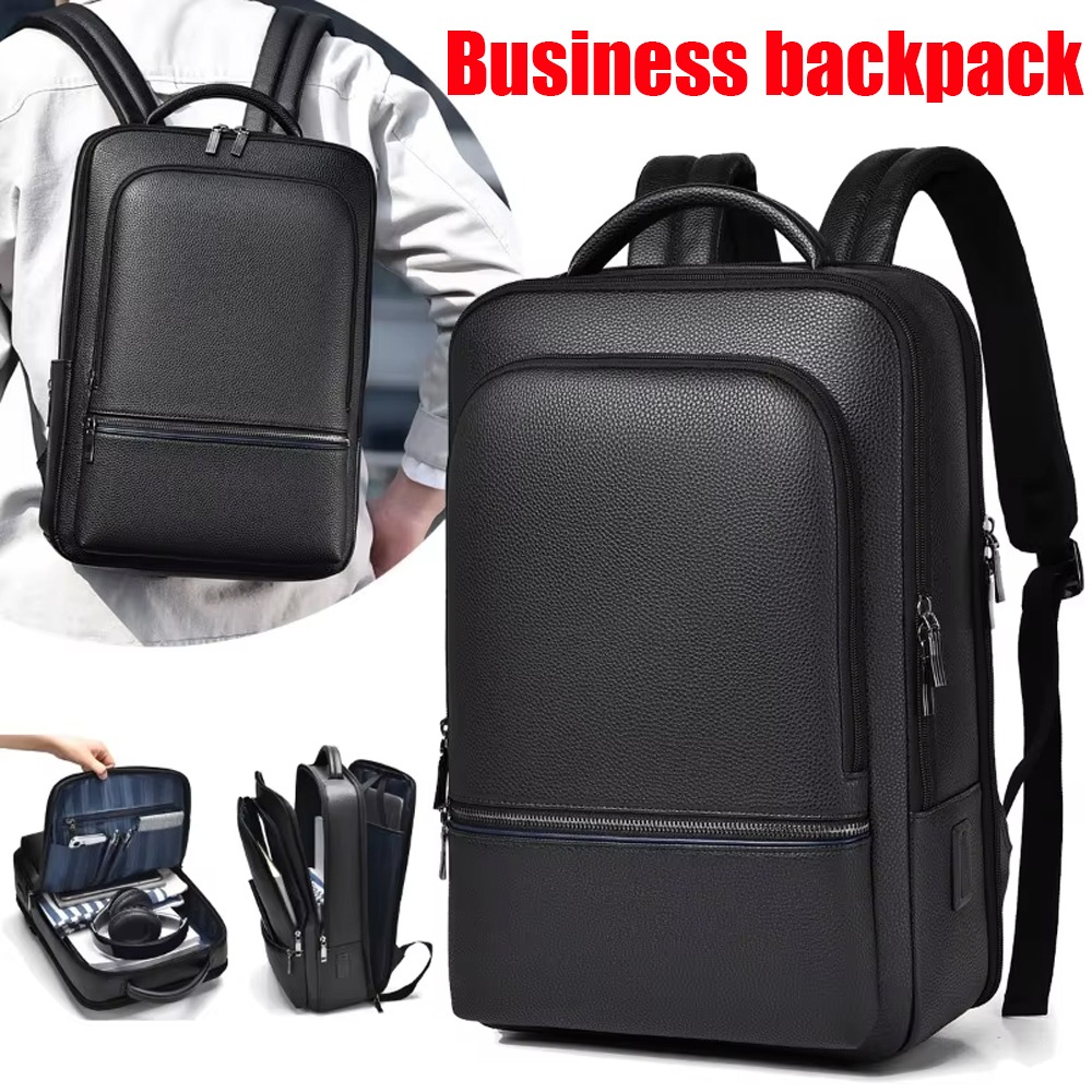 Leather Briefcase - PUレザー メンズ バックパック USB充電 ファッション エグゼクティブ