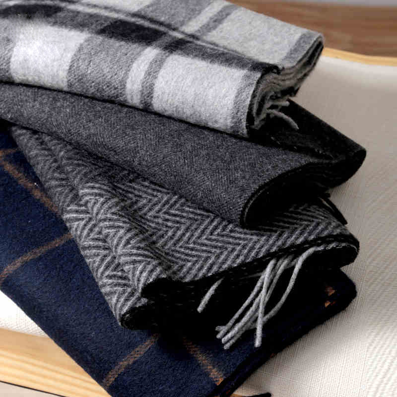 Cashmere Scarf - パシュミナスカーフ男性冬ストリップ固体チェック柄ウールスカーフ高級古典的な暖かいカシミヤ冬のスカーフ男性の冬のアクセサリー