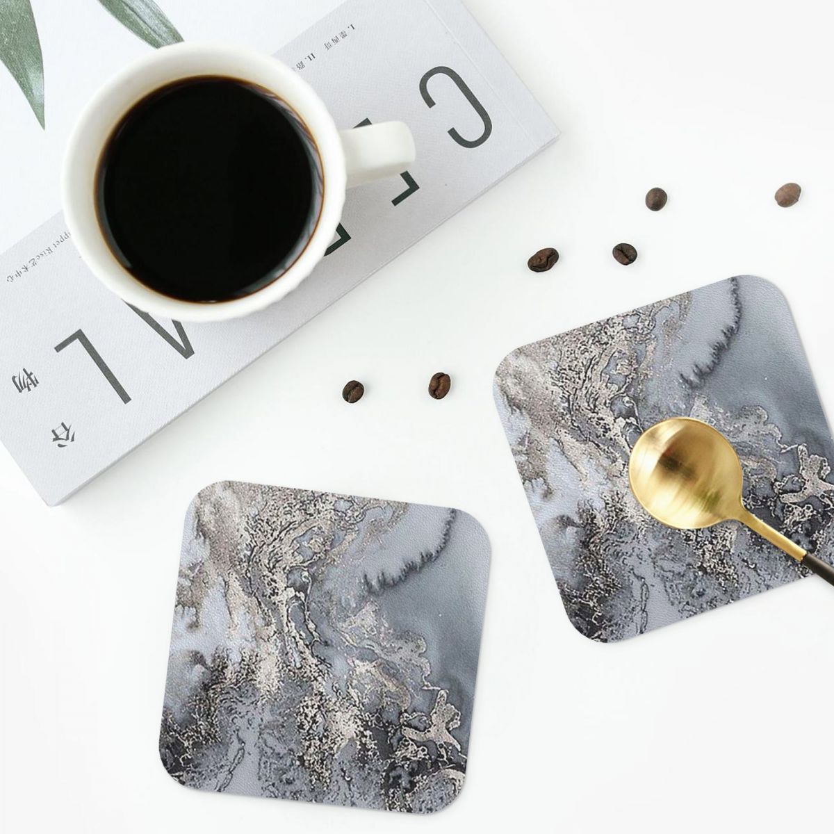 Marble Coaster Set - グレーとシルバーのマーブルコースター PVC レザー プレースマット 断熱コーヒーマット ホームキッチン
