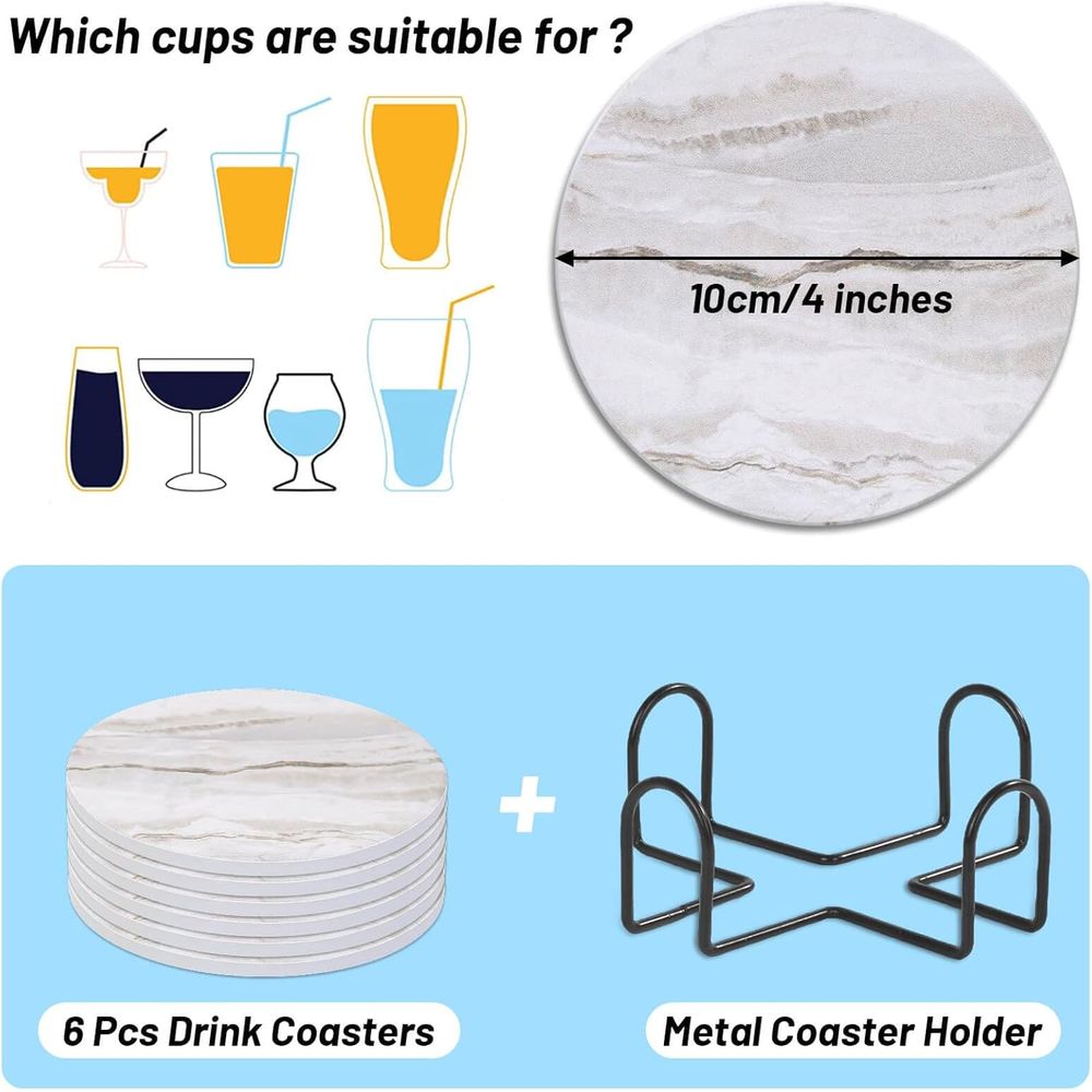 6ピース吸水コースターセット、大理石風、様々なカップに最適、 - Marble Coaster Set のレビューと価格