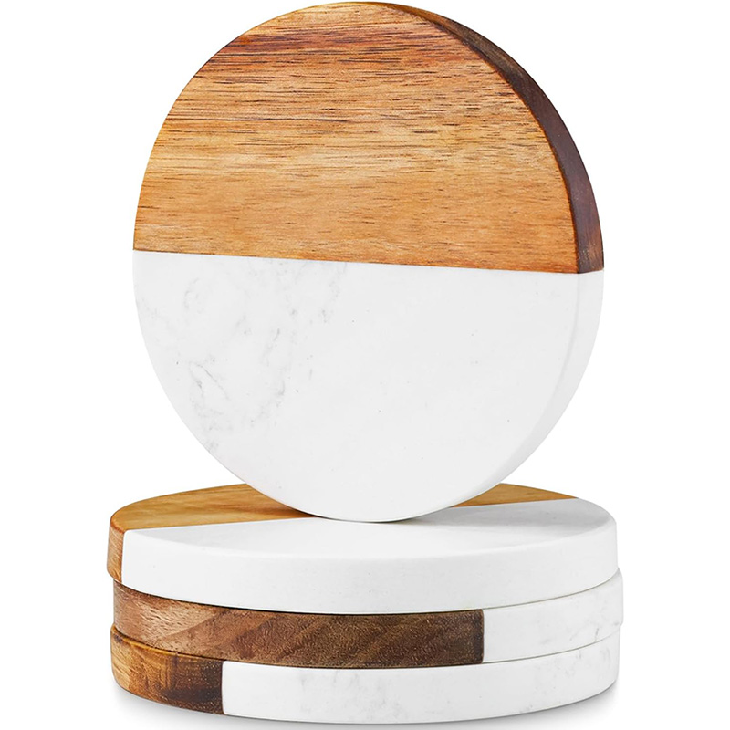 4個入り大理石風アカシア木製コースター、丸型と四角型のドリン - Marble Coaster Set のレビューと価格
