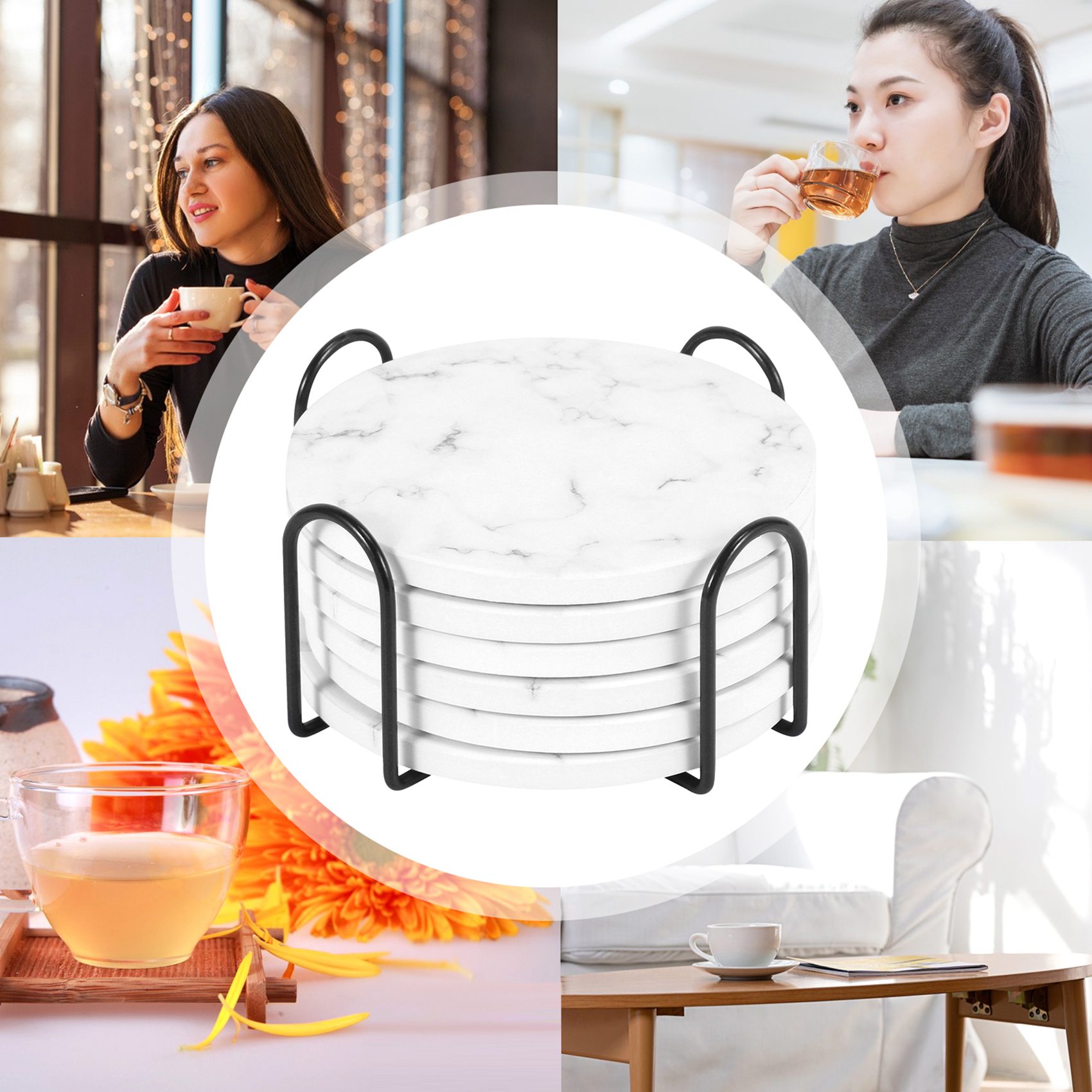 ABAH-吸収性ドリンクコースターセット ホルダー付き 6個 - Marble Coaster Set のレビューと価格