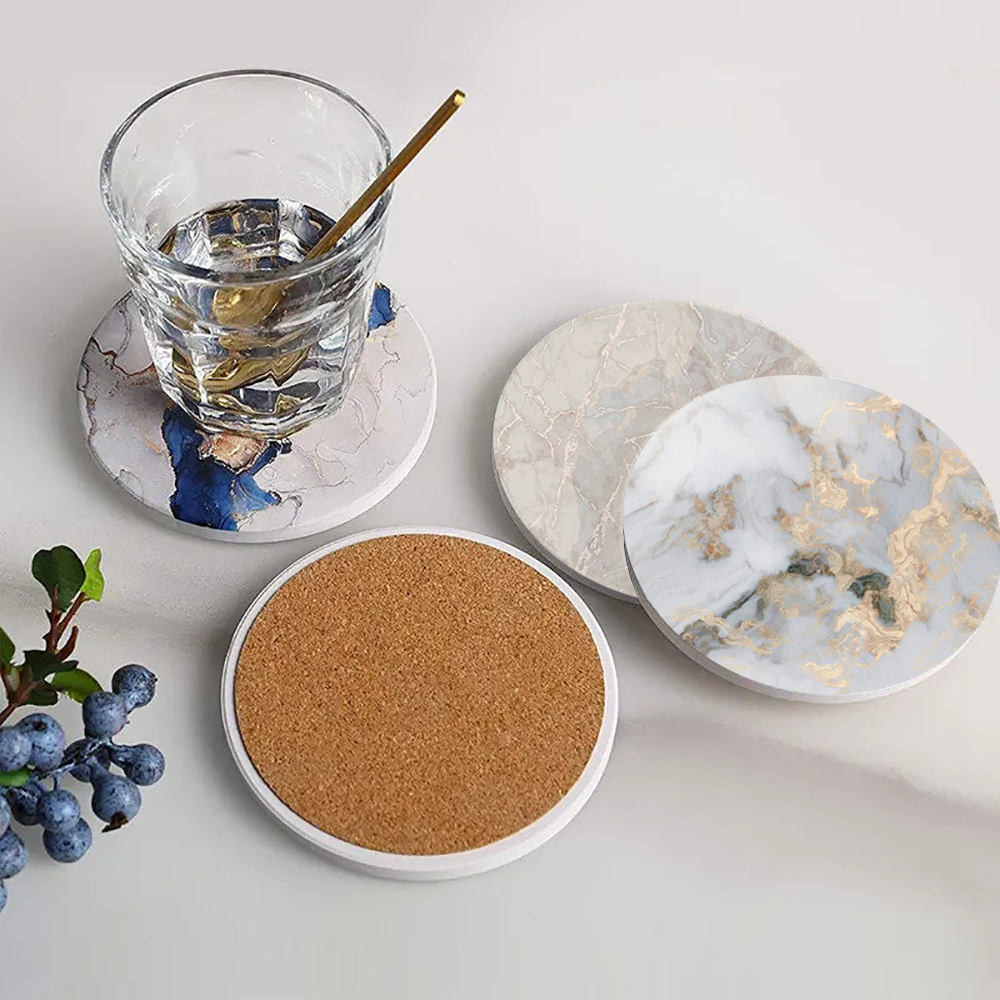 白い大理石コースター 吸収性セラミックコースター コルクベー - Marble Coaster Set のレビューと価格