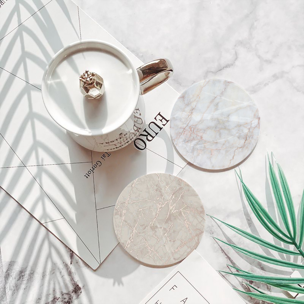 白い大理石コースター 吸収性セラミックコースター コルクベー - Marble Coaster Set のレビューと価格