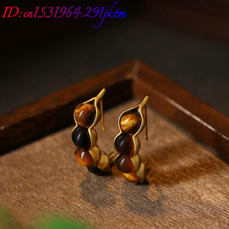 タイガーアイポッドイヤリング宝石本物のジュエリーデザイナー耳 - Gold Plated Jewelry のレビューと価格